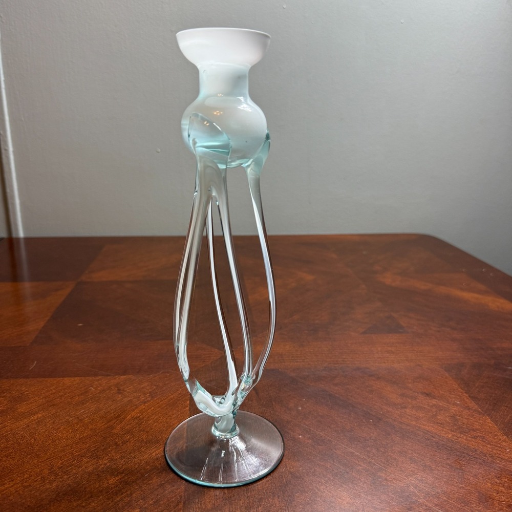 Krosno Poland Art Glass Candlestick Holder Mid Century Modern Twisted Stem
